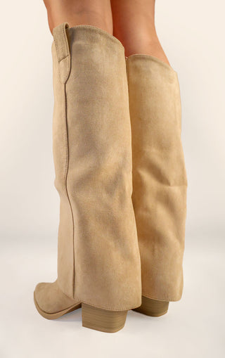 Beige Faux Suede Fold Over Shark Block Knee High Boot