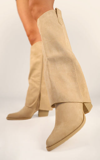 Beige Faux Suede Fold Over Shark Block Knee High Boot