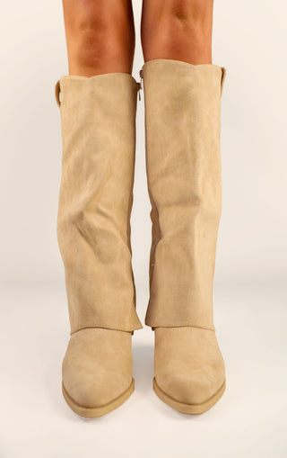 Beige Faux Suede Fold Over Shark Block Knee High Boot