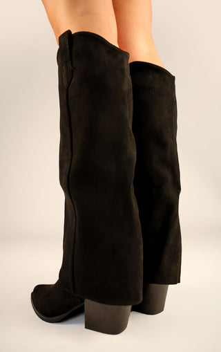 Black Faux Suede Fold Over Shark Block Knee High Boot