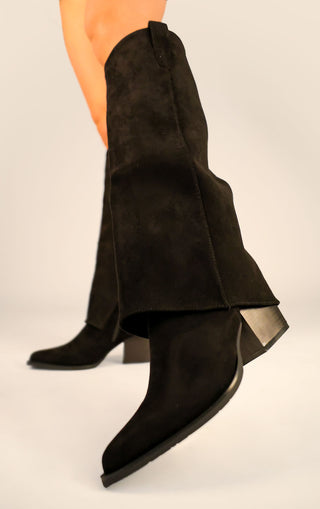 Black Faux Suede Fold Over Shark Block Knee High Boot