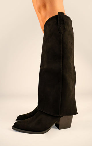 Black Faux Suede Fold Over Shark Block Knee High Boot