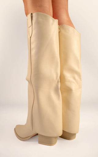 Beige PU Leather Fold Over Shark Block Knee High Boot