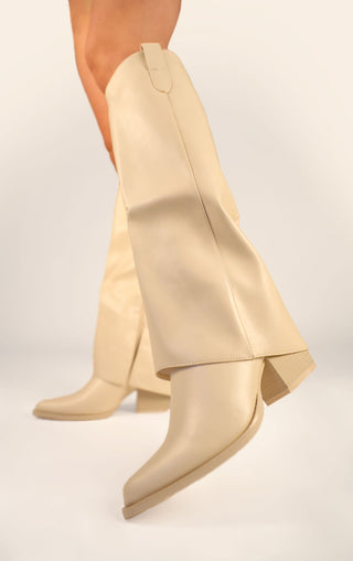 Beige PU Leather Fold Over Shark Block Knee High Boot