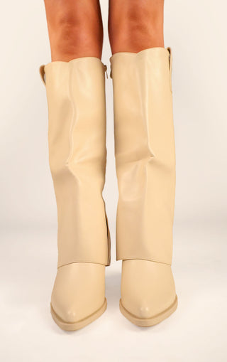 Beige PU Leather Fold Over Shark Block Knee High Boot