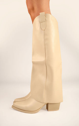 Beige PU Leather Fold Over Shark Block Knee High Boot