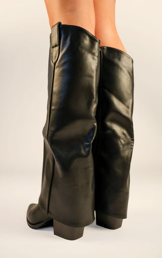 Black PU Leather Fold Over Shark Block Knee High Boot