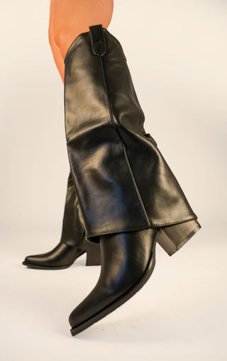 Black PU Leather Fold Over Shark Block Knee High Boot