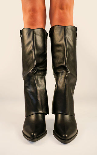 Black PU Leather Fold Over Shark Block Knee High Boot