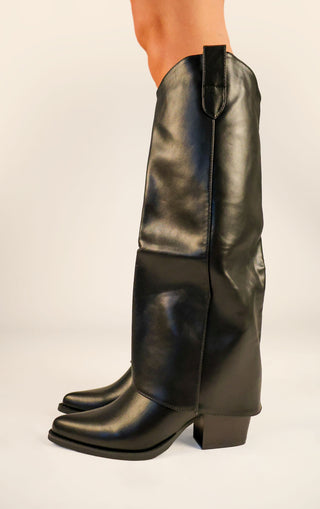 Black PU Leather Fold Over Shark Block Knee High Boot