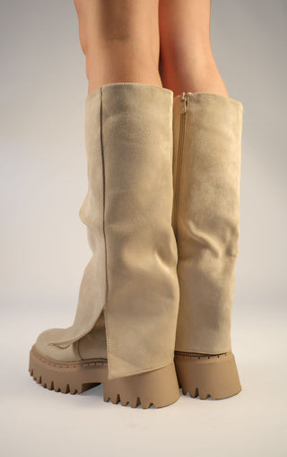 Beige Faux Suede Fold Over Chunky Round Toe Knee High Boots