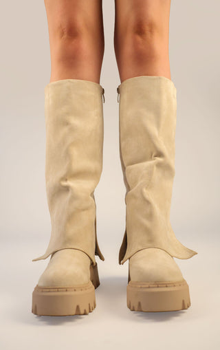 Beige Faux Suede Fold Over Chunky Round Toe Knee High Boots