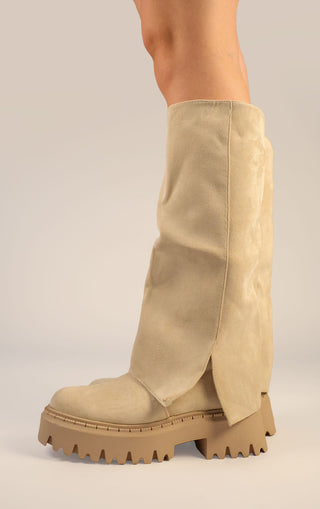 Beige Faux Suede Fold Over Chunky Round Toe Knee High Boots