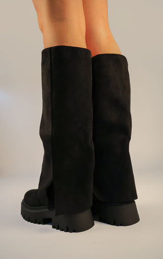 Black Faux Suede Fold Over Chunky Round Toe Knee High Boots