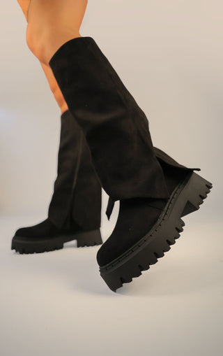 Black Faux Suede Fold Over Chunky Round Toe Knee High Boots