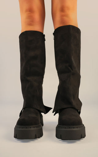 Black Faux Suede Fold Over Chunky Round Toe Knee High Boots