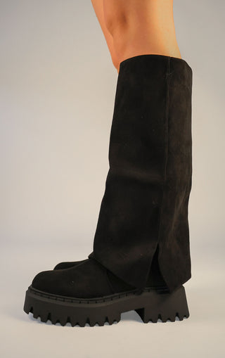 Black Faux Suede Fold Over Chunky Round Toe Knee High Boots