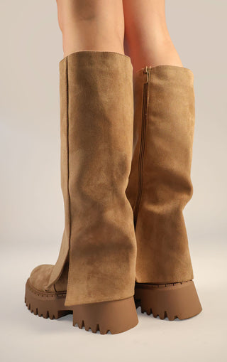 Khaki Faux Suede Fold Over Chunky Round Toe Knee High Boots