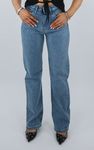 Blue Denim Diamante Embellished Straight Leg Jeans