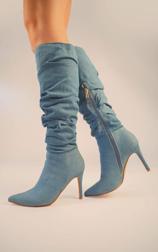 Denim Ruched Pointed Toe Stiletto High Heel Knee High Boots