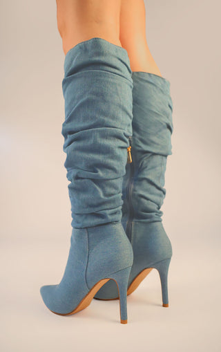 Denim Ruched Pointed Toe Stiletto High Heel Knee High Boots