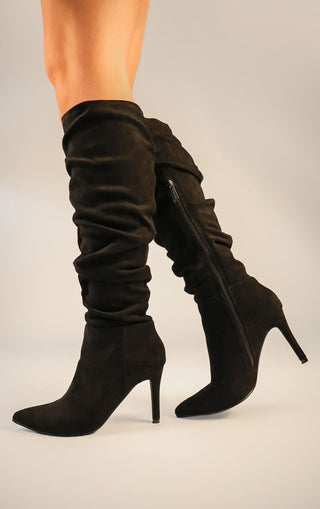 Black Ruched Pointed Toe Stiletto High Heel Knee High Boots