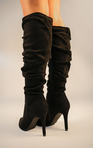 Black Ruched Pointed Toe Stiletto High Heel Knee High Boots