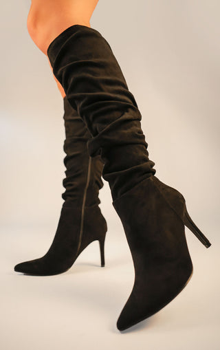 Black Ruched Pointed Toe Stiletto High Heel Knee High Boots