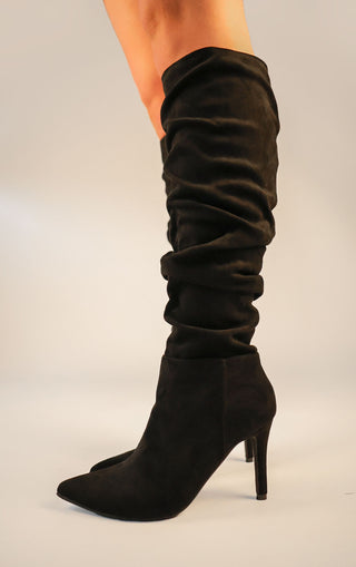 Black Ruched Pointed Toe Stiletto High Heel Knee High Boots