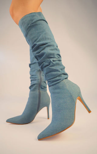 Denim Ruched Pointed Toe Stiletto High Heel Knee High Boots