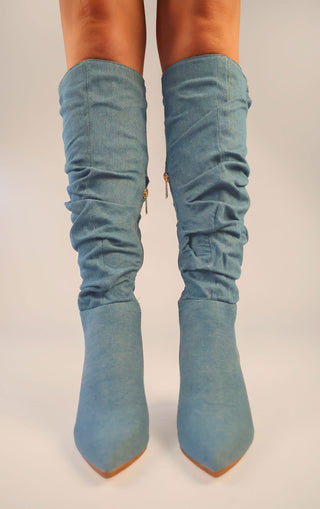 Denim Ruched Pointed Toe Stiletto High Heel Knee High Boots