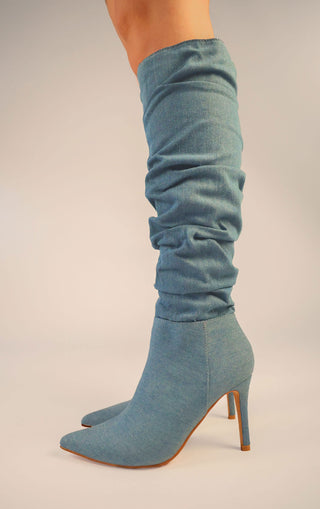 Denim Ruched Pointed Toe Stiletto High Heel Knee High Boots