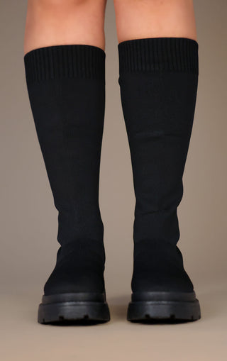 Black Knee High Fabric Ribbed Sock Boot