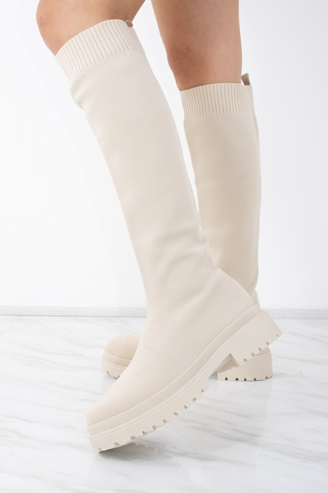 Load image into Gallery viewer, Beige Knee High Fabric Ribbed Sock Boot
