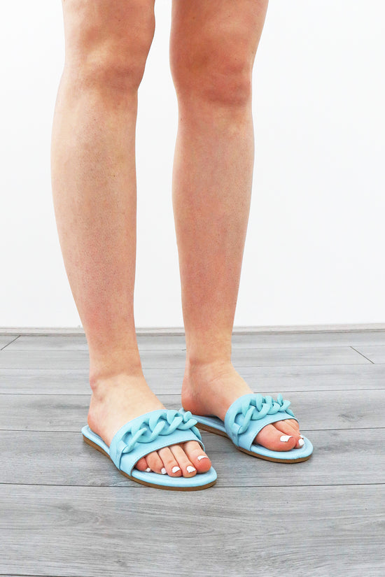 LINKED UP BLUE CHAIN DETAIL FLAT SANDALS