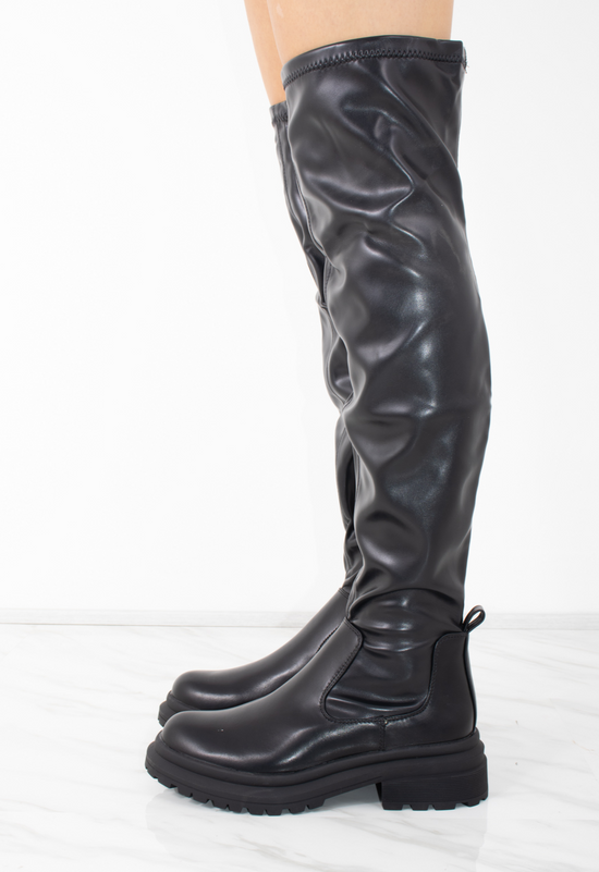Black Faux Leather Over The Knee Platforms Boots