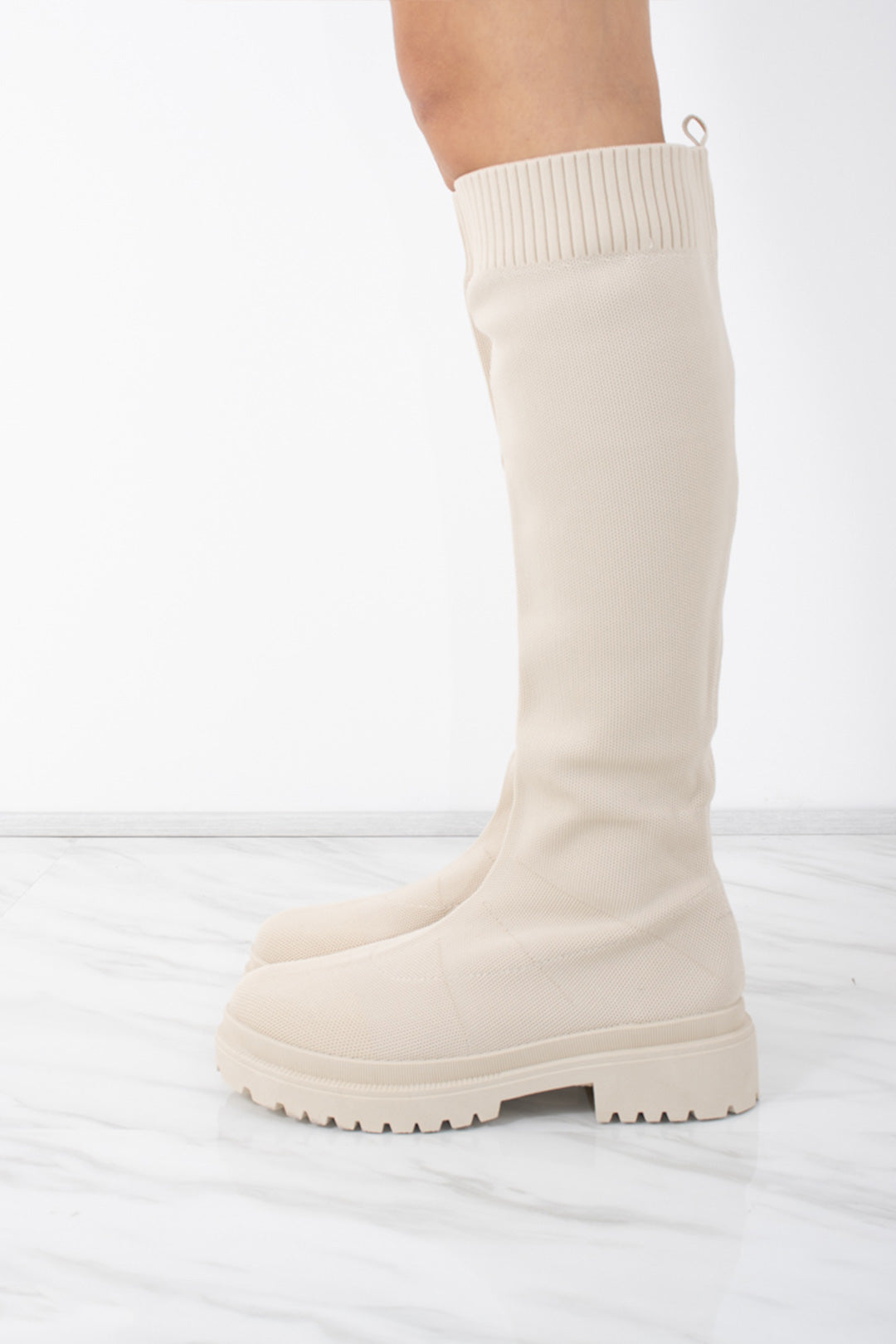 Load image into Gallery viewer, Beige Knee High Fabric Ribbed Sock Boot
