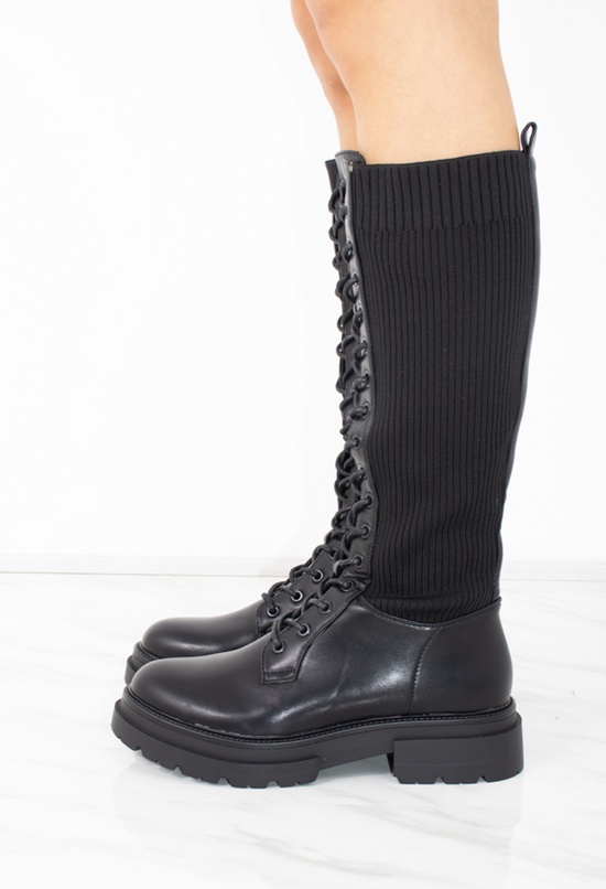 Black Faux Leather Lace up Sock Boots