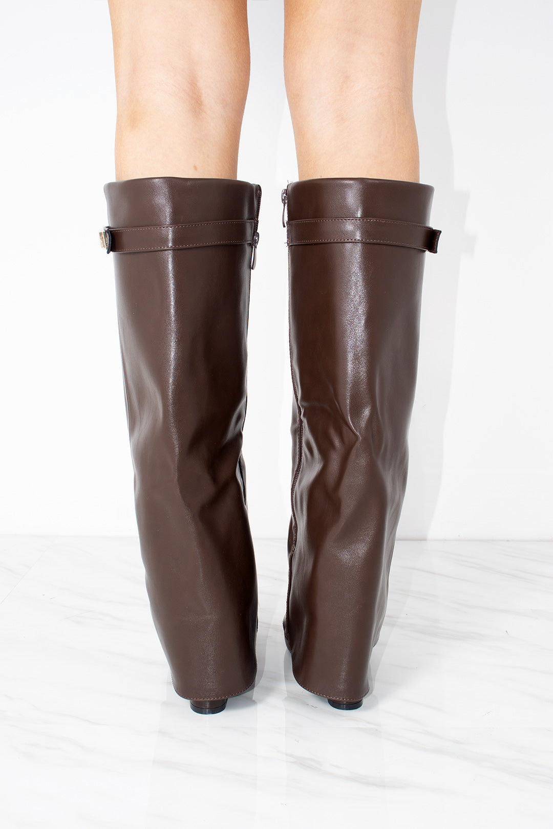Chocolate Brown Faux Leather Fold Over Shark Classic Buckle Knee High Boot