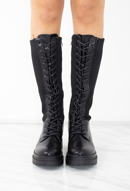 Black Faux Leather Lace up Sock Boots