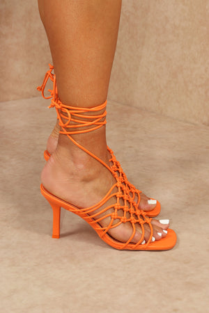 
            
                Load image into Gallery viewer, Orange Knotted Woven Lace Up Stiletto Heel
            
        