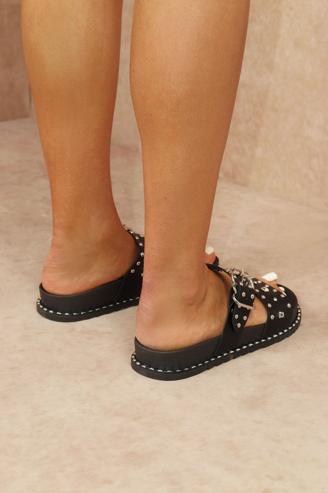 Black Chunky Studded Buckle Sandals