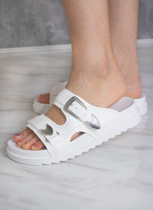 
            
                Load image into Gallery viewer, White Chunky Silver Buckle Slider Sandal
            
        