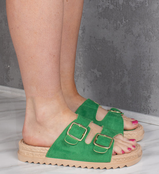 Double Buckle Strap Footbed Espadrille Sliders in Green