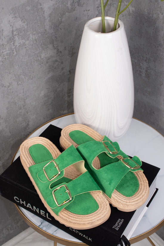 Double Buckle Strap Footbed Espadrille Sliders in Green