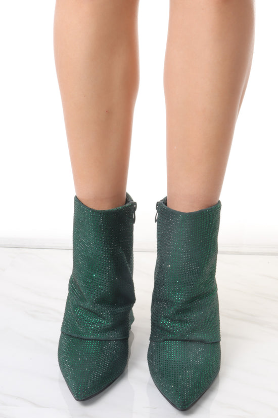 Green Diamante Fold Over Shark Ankle Boot