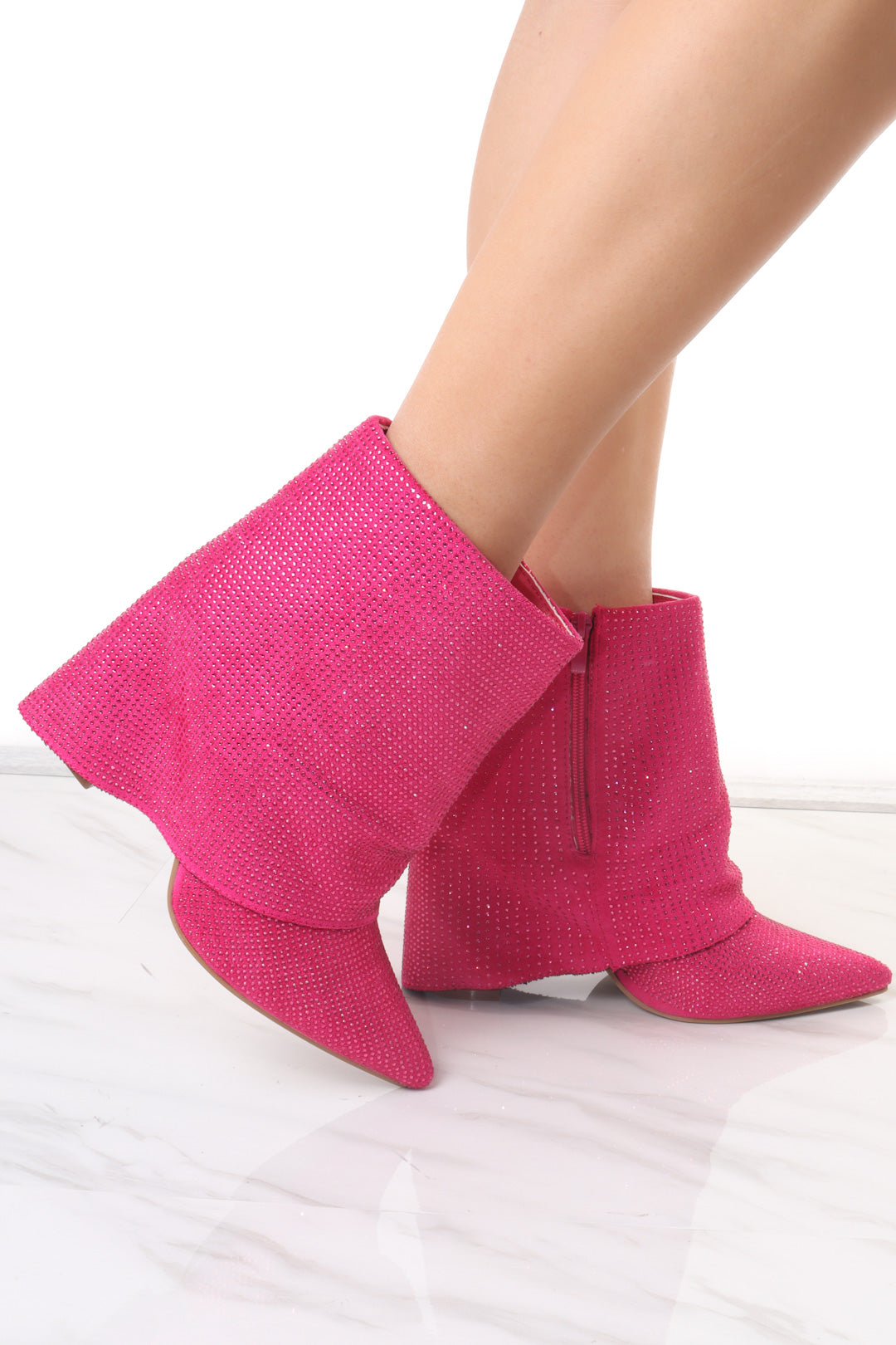 Pink Diamante Fold Over Shark Ankle Boot