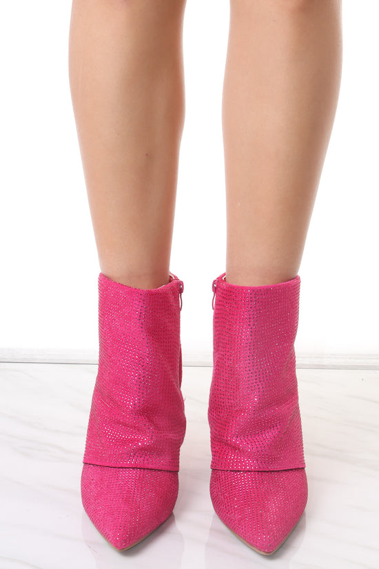 Pink Diamante Fold Over Shark Ankle Boot