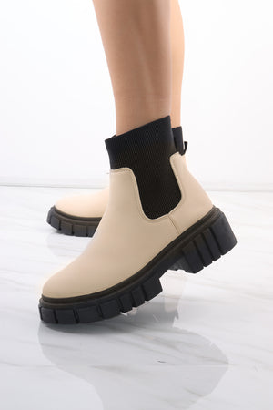 Cream/Black Platform Slip On Faux Leather Sock Boot