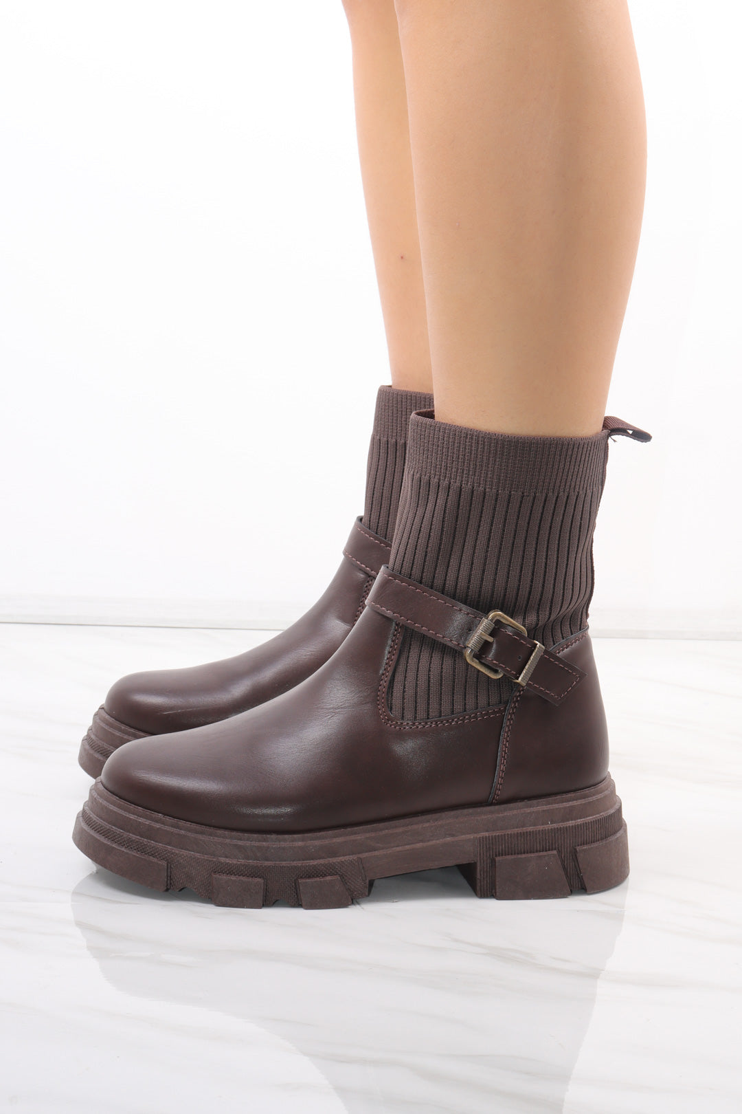 Brown Chunky Faux Leather Buckle Sock Boot